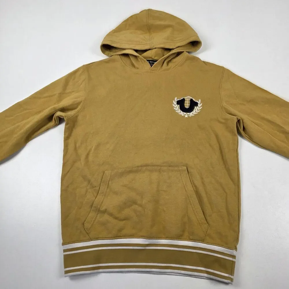 True Religion Hoodie Mens Small Tan‎ Pullover Embroidered Logo Retro Streetwear